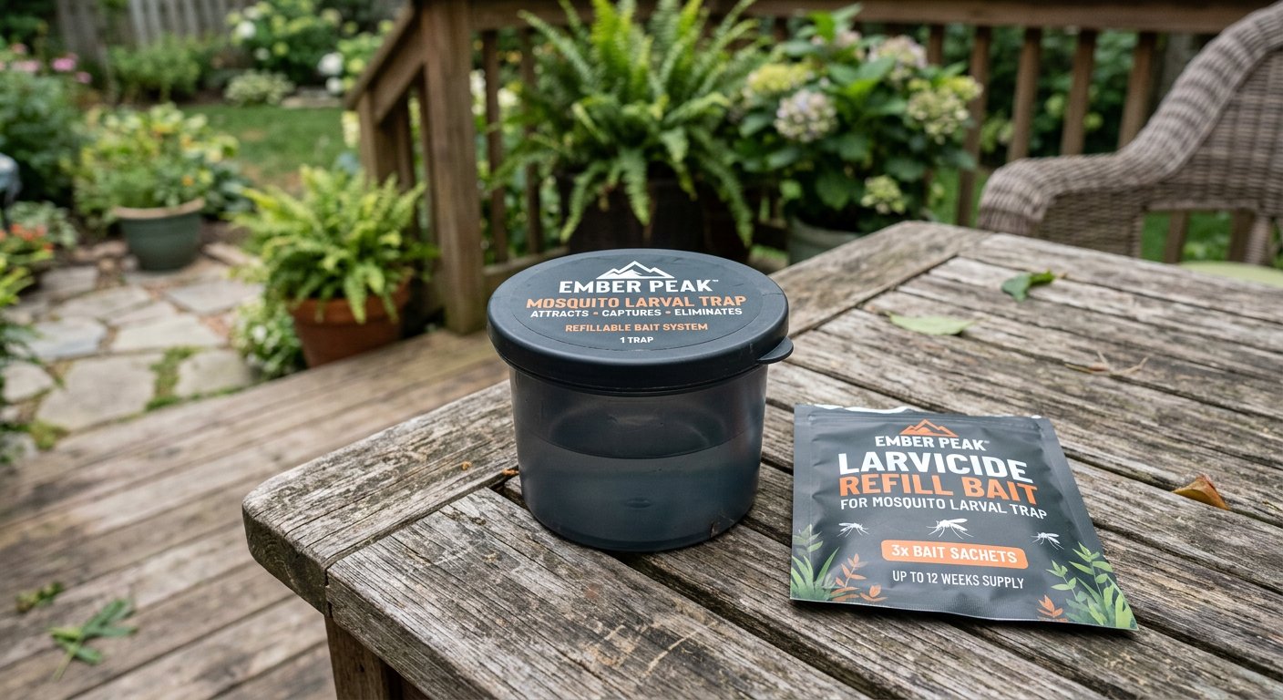 Mosquito larval trap with refill printed Ember Peak
