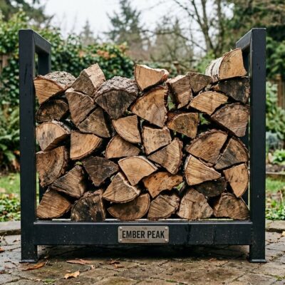 Black steel outdoor firewood rack loaded with wood, Ember Peak badge
