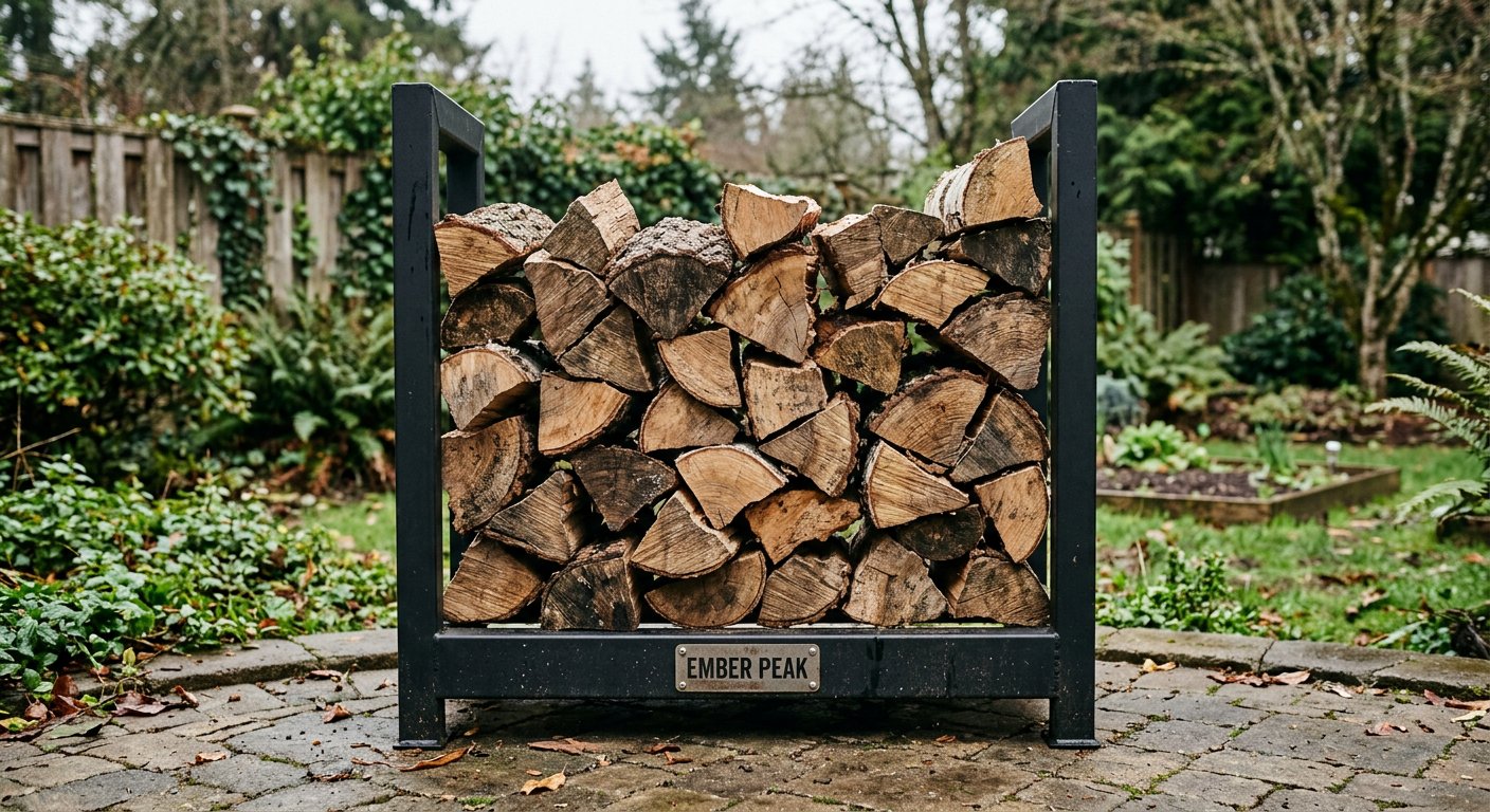 Black steel outdoor firewood rack loaded with wood, Ember Peak badge
