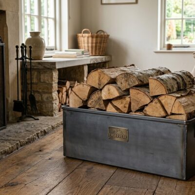 Dark grey steel indoor log bin with Ember Peak badge