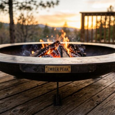 Ember Peak wide shallow fire bowl with rim brand plate on a deck