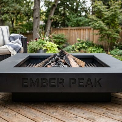 Ember Peak square black steel fire pit with embossed rim
