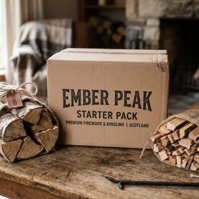 Ember Peak starter pack with printed log bag, kindling and firelighters box