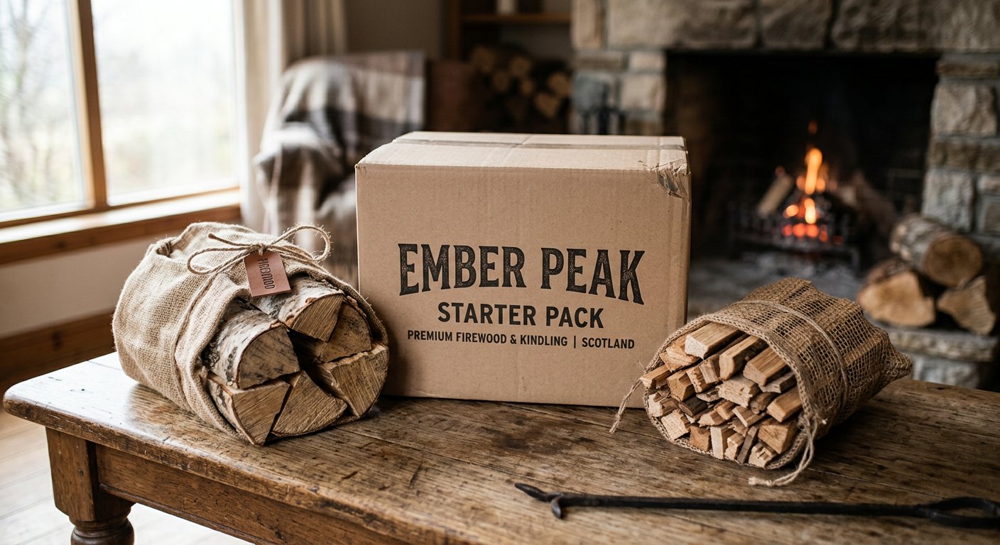 Ember Peak starter pack with printed log bag, kindling and firelighters box