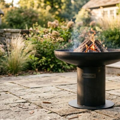 Ember Peak steel bowl fire pit on cylinder pedestal with brand badge