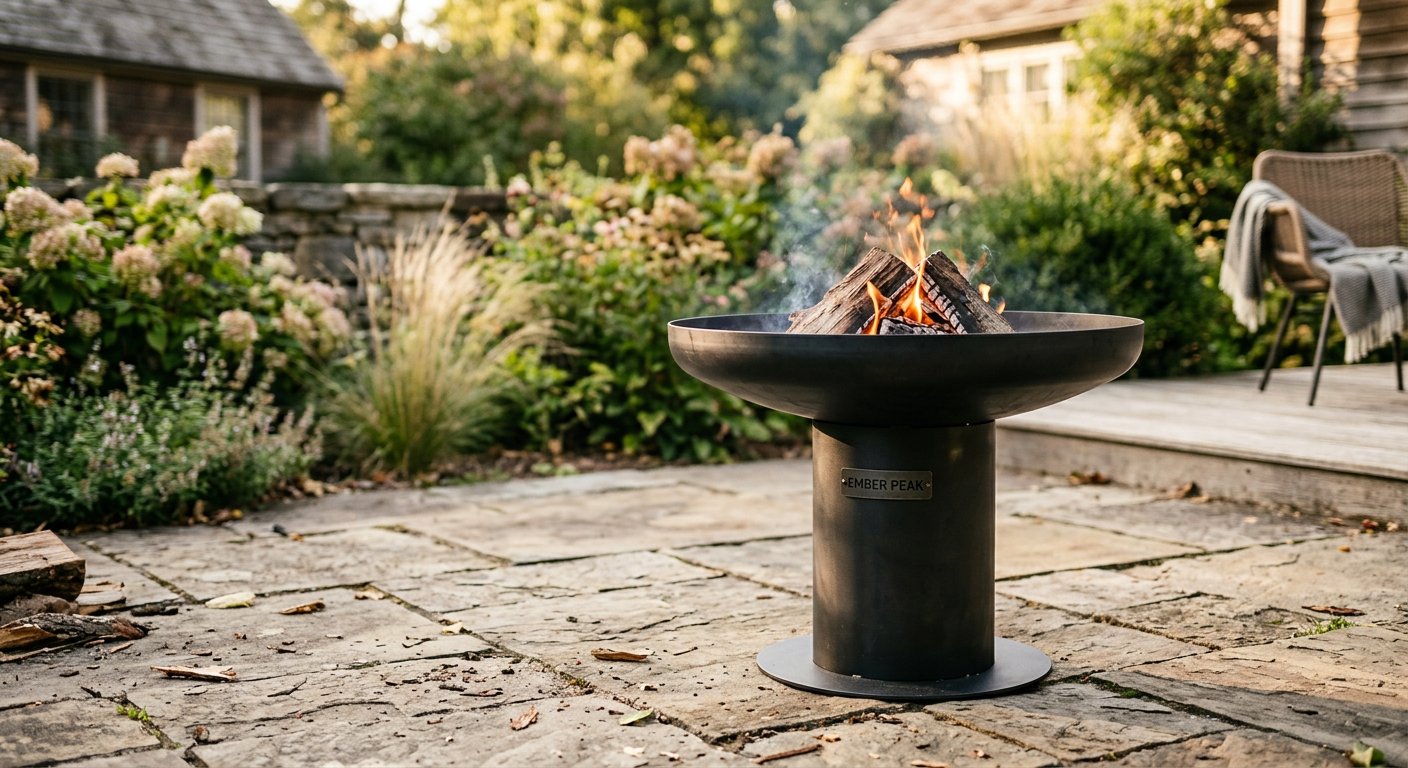 Ember Peak steel bowl fire pit on cylinder pedestal with brand badge