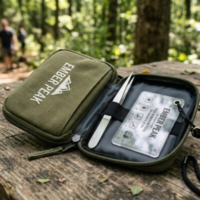 Compact tick remover kit in an Ember Peak embroidered pouch