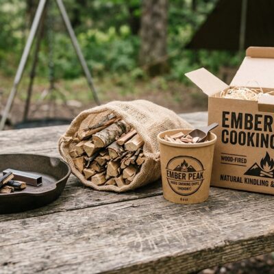 Ember Peak wood-fired cooking pack with pan, kindling and smoking chips