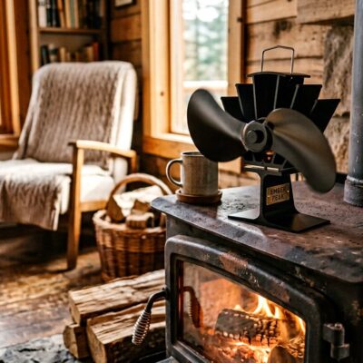 Heat-powered wood heater fan with etched Ember Peak base on a stove