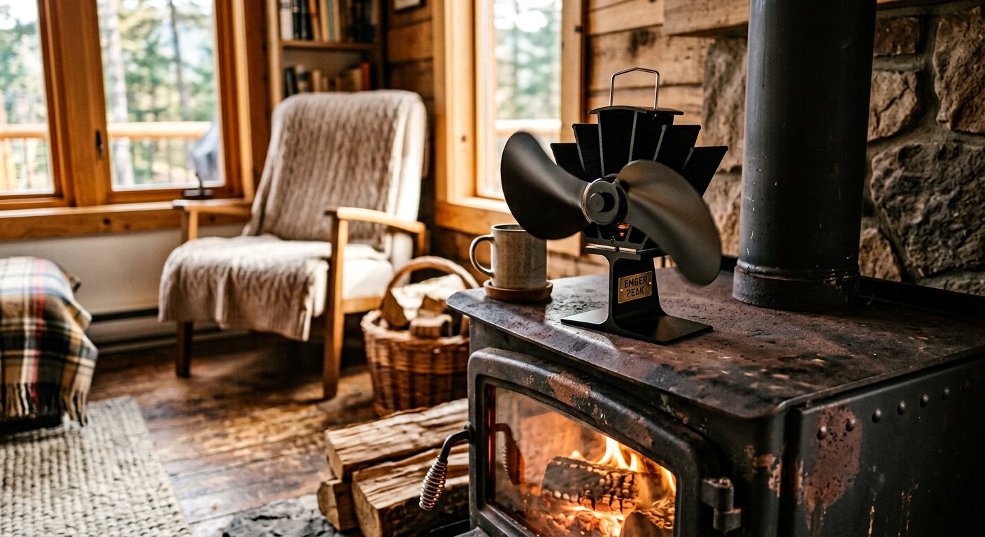 Heat-powered wood heater fan with etched Ember Peak base on a stove
